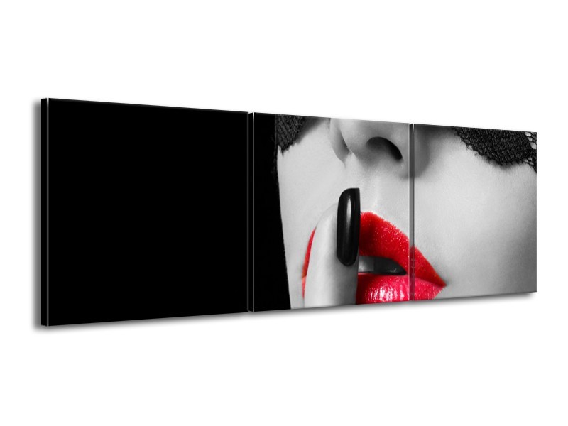 Glasschilderij Vrouw, Lippen | Zwart, Grijs, Rood | 150x50cm 3Luik