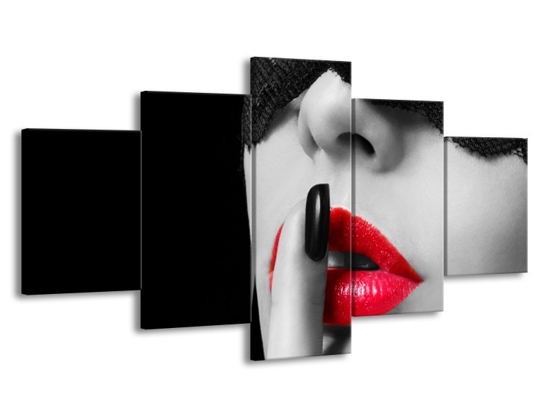 Canvas Schilderij Vrouw, Lippen | Zwart, Grijs, Rood | 150x80cm 5Luik