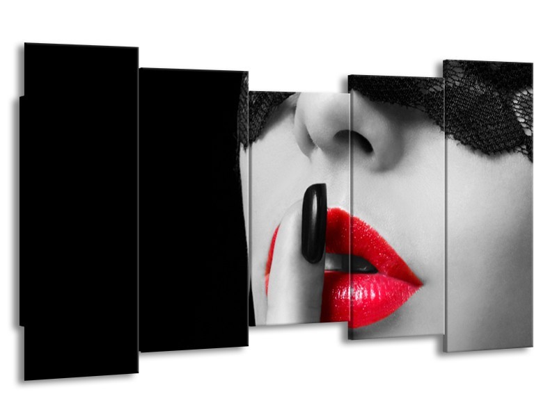 Canvas Schilderij Vrouw, Lippen | Zwart, Grijs, Rood | 150x80cm 5Luik