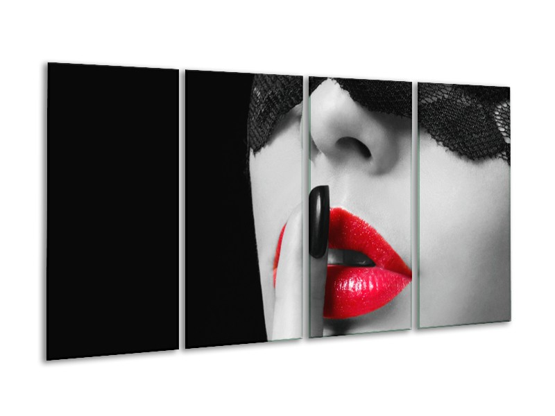 Canvas Schilderij Vrouw, Lippen | Zwart, Grijs, Rood | 160x80cm 4Luik