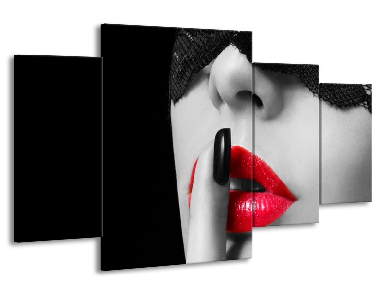 Canvas Schilderij Vrouw, Lippen | Zwart, Grijs, Rood | 160x90cm 4Luik