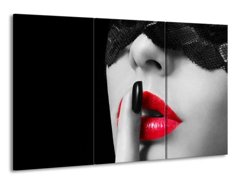 Glasschilderij Vrouw, Lippen | Zwart, Grijs, Rood | 165x100cm 3Luik