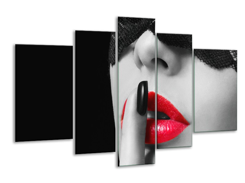 Glasschilderij Vrouw, Lippen | Zwart, Grijs, Rood | 170x100cm 5Luik
