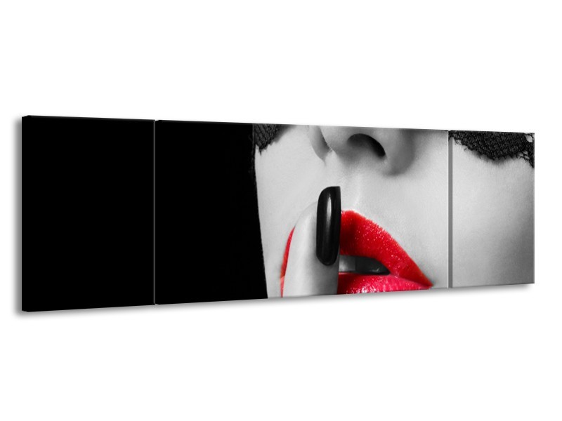 Glasschilderij Vrouw, Lippen | Zwart, Grijs, Rood | 170x50cm 3Luik