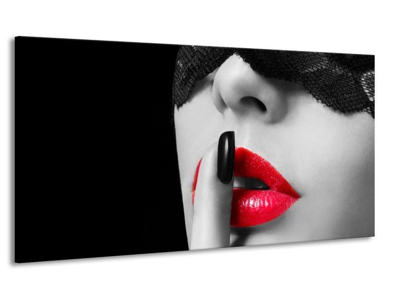 Canvas Schilderij Vrouw, Lippen | Zwart, Grijs, Rood | 170x90cm 1Luik