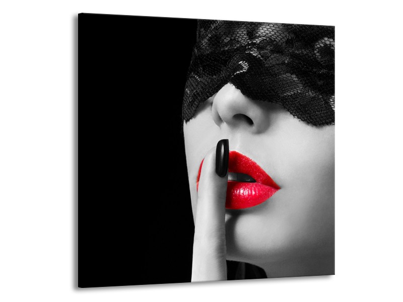 Glasschilderij Vrouw, Lippen | Zwart, Grijs, Rood | 50x50cm 1Luik