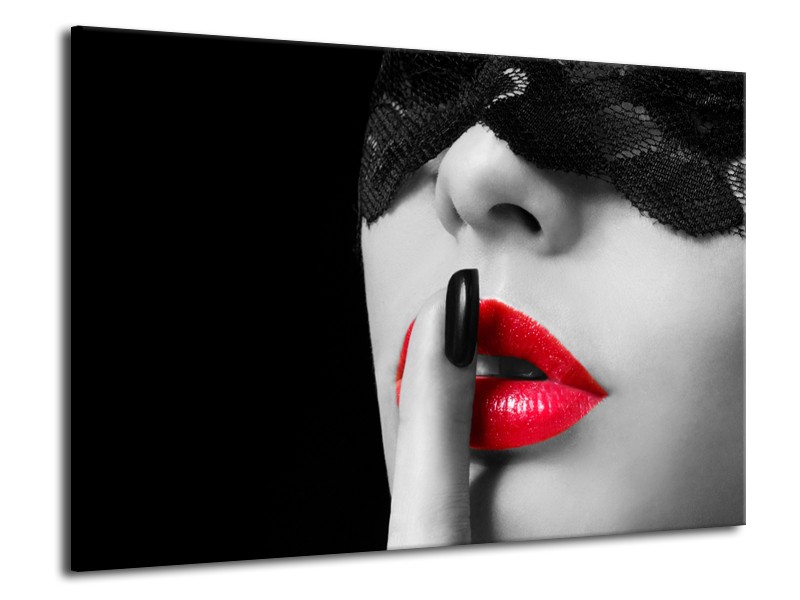 Canvas Schilderij Vrouw, Lippen | Zwart, Grijs, Rood | 70x50cm 1Luik