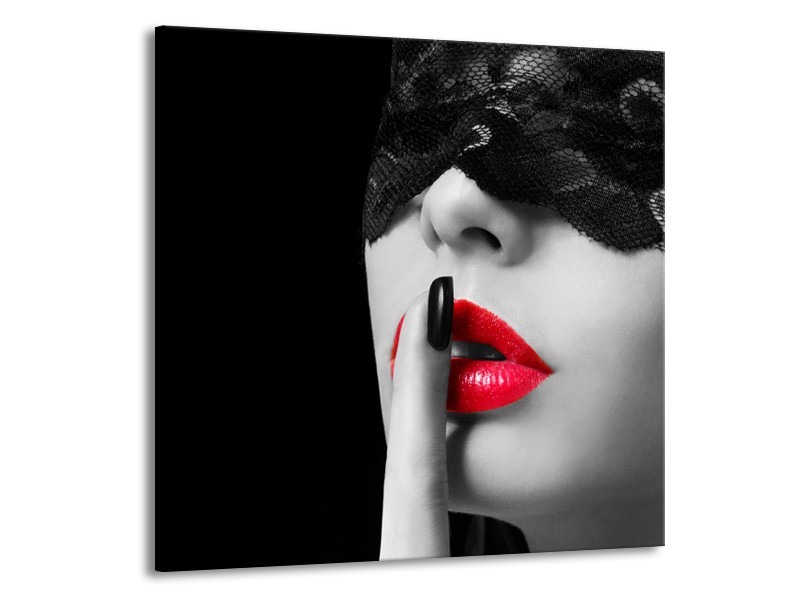 Glasschilderij Vrouw, Lippen | Zwart, Grijs, Rood | 70x70cm 1Luik