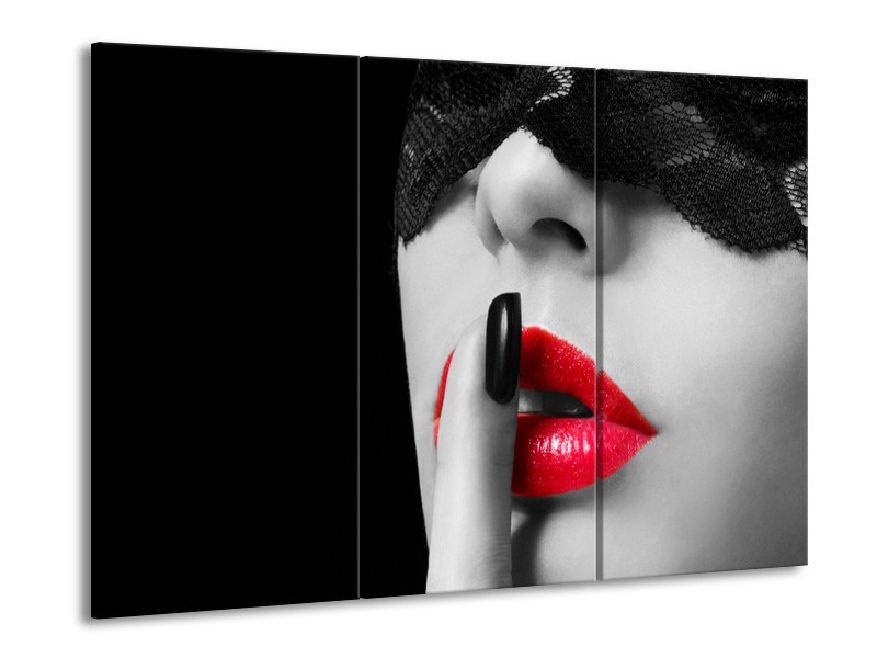 Glasschilderij Vrouw, Lippen | Zwart, Grijs, Rood | 60x90cm 3Luik