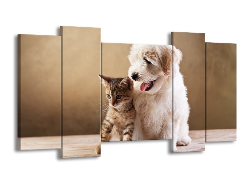 Canvas Schilderij Hond, Poes | Bruin, Crème | 120x65cm 5Luik