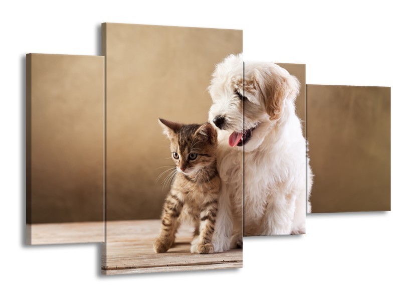 Canvas Schilderij Hond, Poes | Bruin, Crème | 120x75cm 4Luik