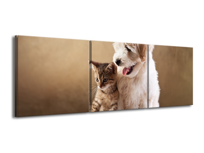 Canvas Schilderij Hond, Poes | Bruin, Crème | 150x50cm 3Luik