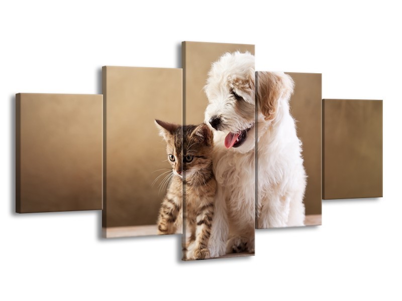 Canvas Schilderij Hond, Poes | Bruin, Crème | 150x80cm 5Luik