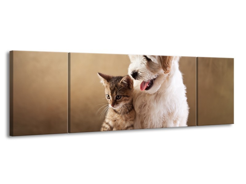 Canvas Schilderij Hond, Poes | Bruin, Crème | 170x50cm 3Luik