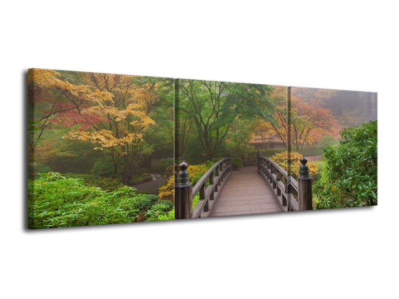 Canvas Schilderij Natuur, Brug | Groen, Bruin, Grijs | 120x40cm 3Luik