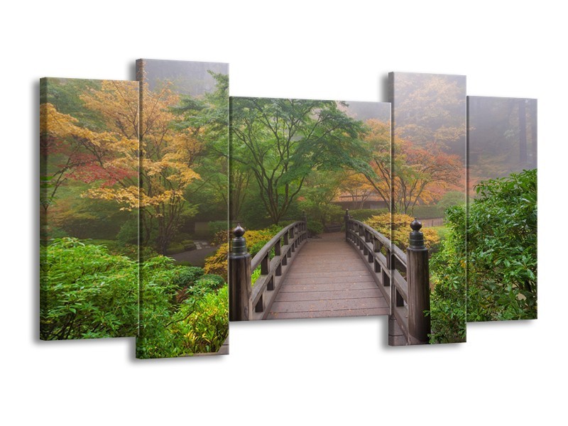 Canvas Schilderij Natuur, Brug | Groen, Bruin, Grijs | 120x65cm 5Luik