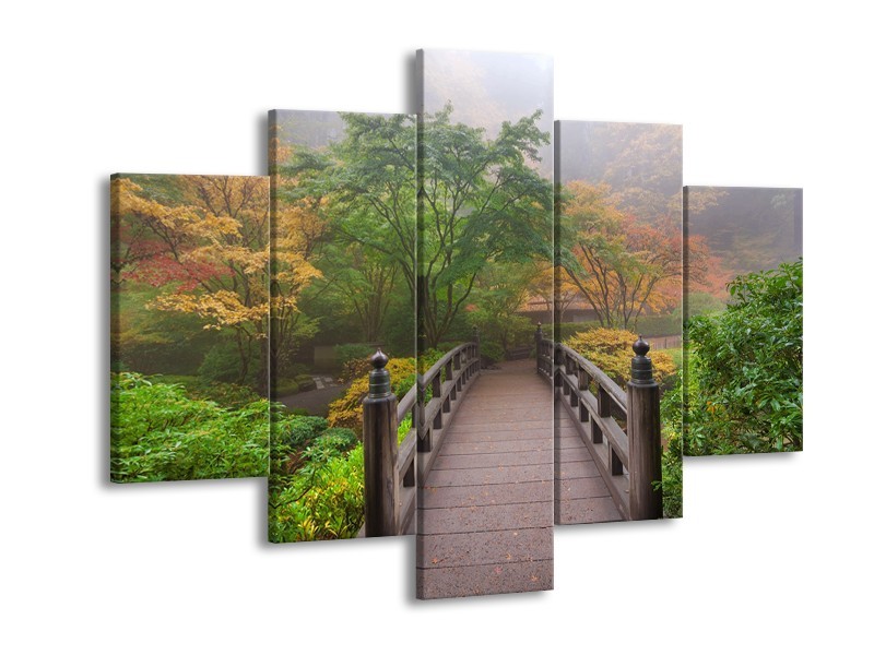 Canvas Schilderij Natuur, Brug | Groen, Bruin, Grijs | 150x105cm 5Luik