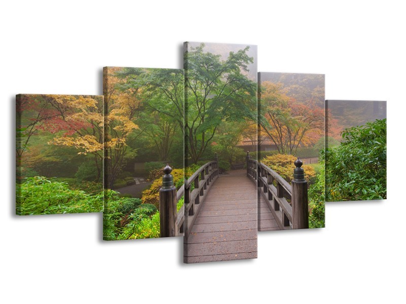 Canvas Schilderij Natuur, Brug | Groen, Bruin, Grijs | 150x80cm 5Luik