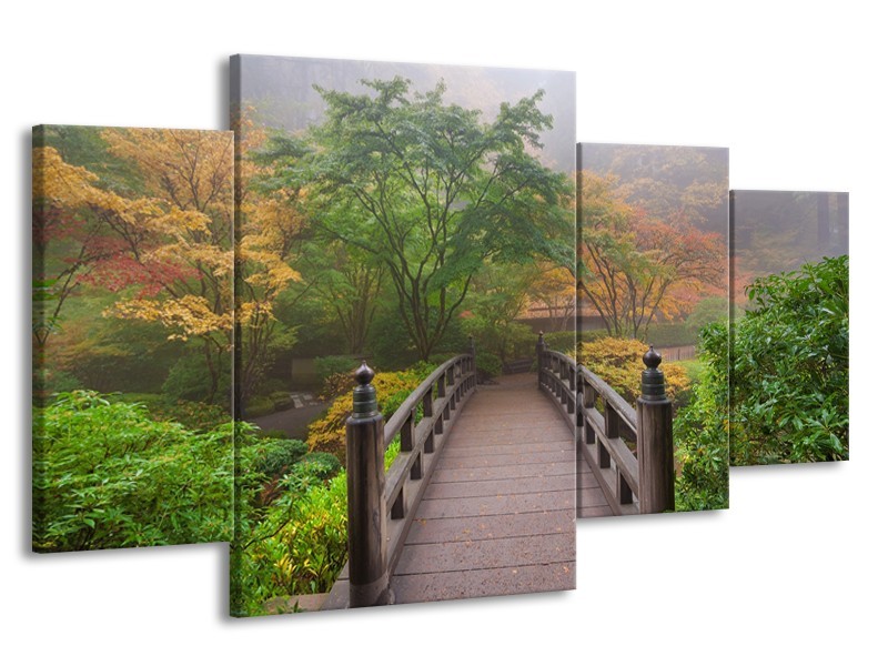 Canvas Schilderij Natuur, Brug | Groen, Bruin, Grijs | 160x90cm 4Luik