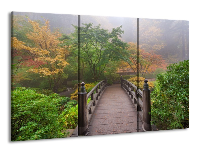 Canvas Schilderij Natuur, Brug | Groen, Bruin, Grijs | 165x100cm 3Luik