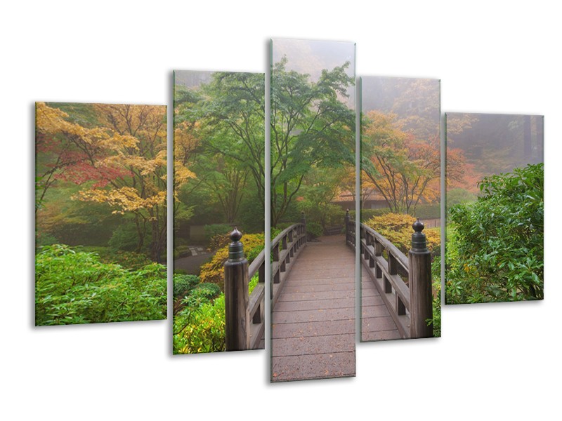 Canvas Schilderij Natuur, Brug | Groen, Bruin, Grijs | 170x100cm 5Luik