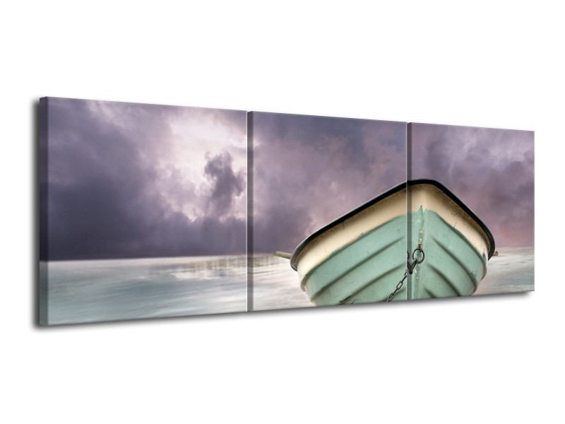 Canvas Schilderij Boot, Zee | Grijs, Groen, Paars | 120x40cm 3Luik