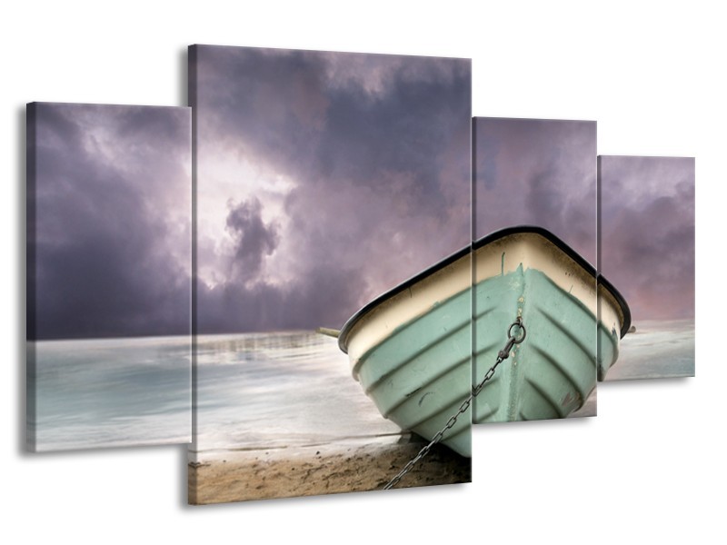 Canvas Schilderij Boot, Zee | Grijs, Groen, Paars | 160x90cm 4Luik