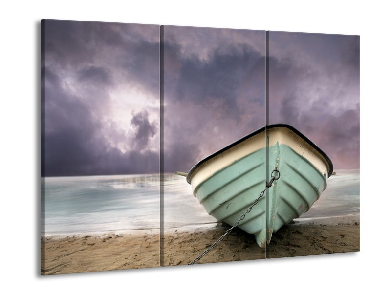 Canvas Schilderij Boot, Zee | Grijs, Groen, Paars | 60x90cm 3Luik