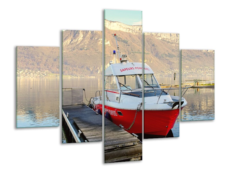 Glasschilderij Boot, Bergen | Rood, Grijs, Wit | 100x70cm 5Luik
