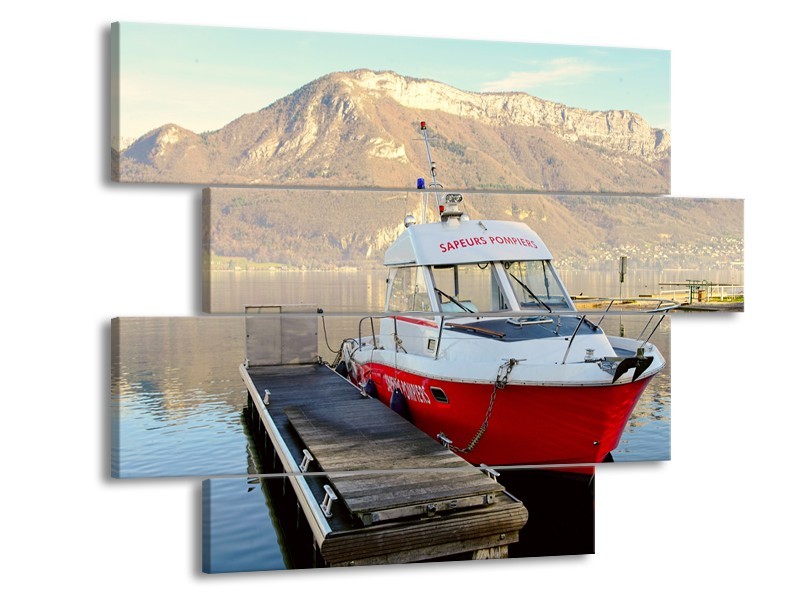 Canvas Schilderij Boot, Bergen | Rood, Grijs, Wit | 115x85cm 4Luik