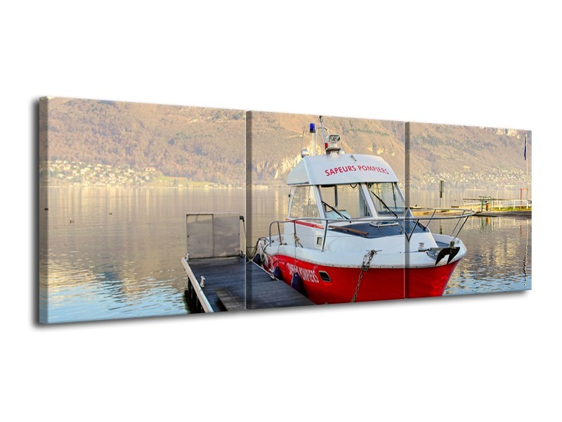 Canvas Schilderij Boot, Bergen | Rood, Grijs, Wit | 120x40cm 3Luik
