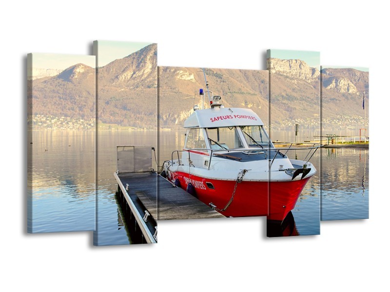 Glasschilderij Boot, Bergen | Rood, Grijs, Wit | 120x65cm 5Luik