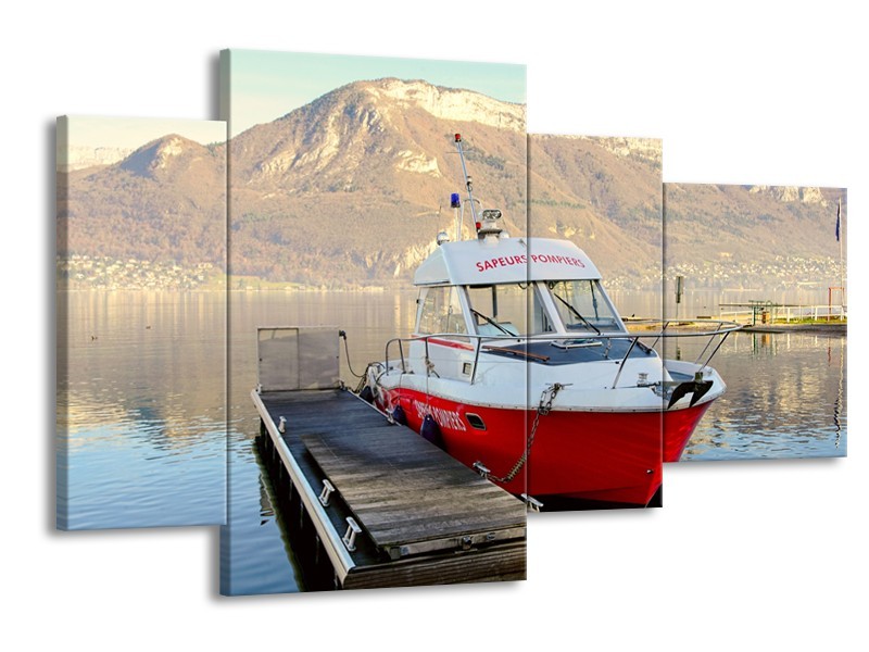 Glasschilderij Boot, Bergen | Rood, Grijs, Wit | 120x75cm 4Luik