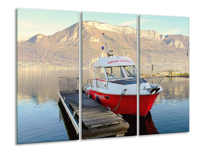 Glasschilderij Boot, Bergen | Rood, Grijs, Wit | 120x80cm 3Luik