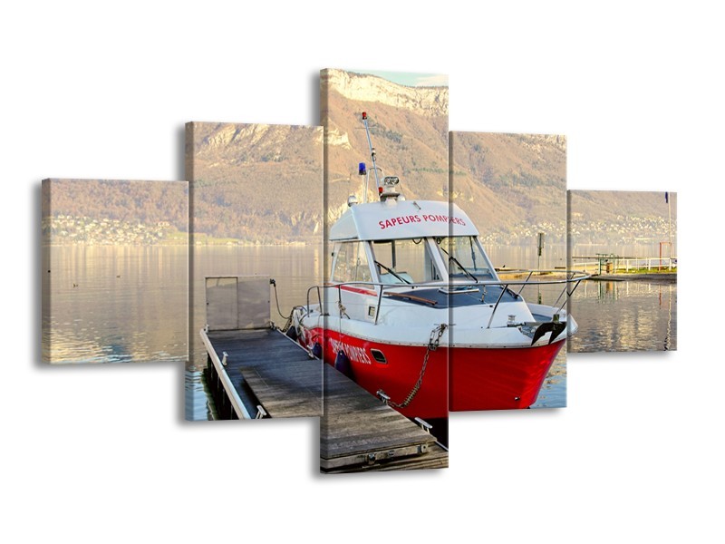 Glasschilderij Boot, Bergen | Rood, Grijs, Wit | 125x70cm 5Luik