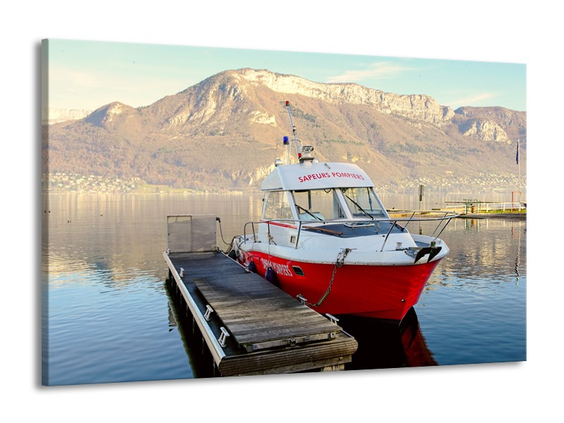 Canvas Schilderij Boot, Bergen | Rood, Grijs, Wit | 140x90cm 1Luik