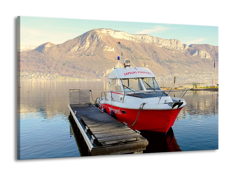 Glasschilderij Boot, Bergen | Rood, Grijs, Wit | 140x90cm 1Luik