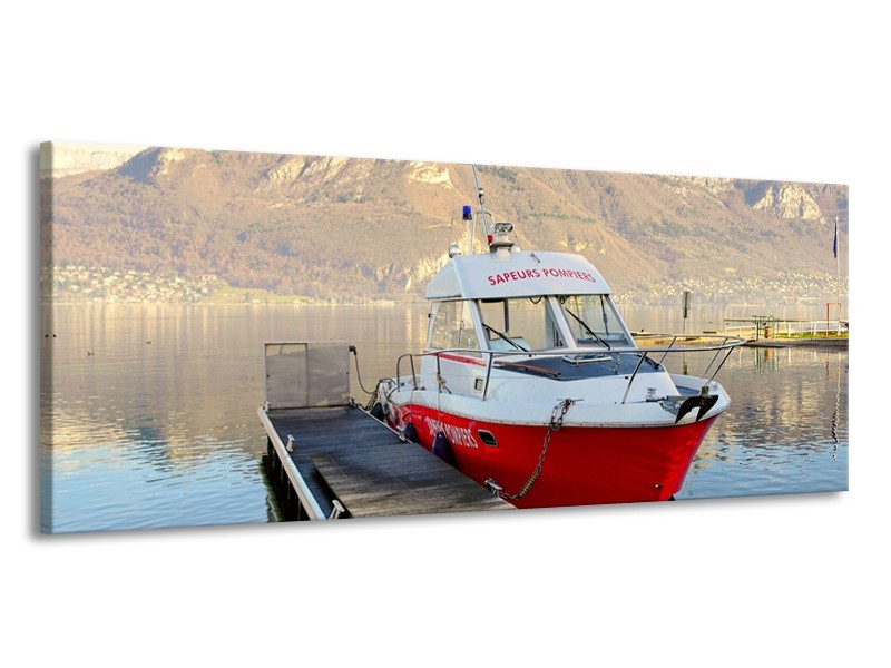 Glasschilderij Boot, Bergen | Rood, Grijs, Wit | 145x58cm 1Luik