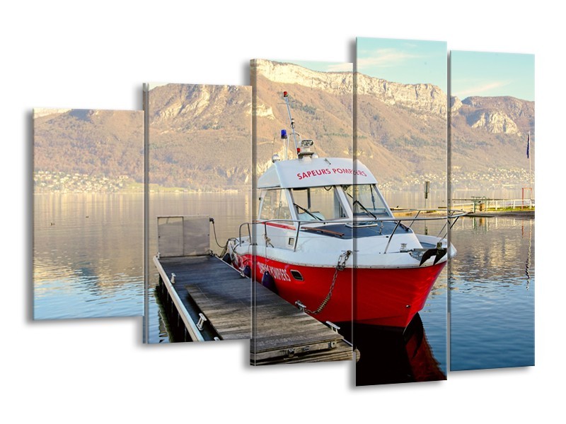 Glasschilderij Boot, Bergen | Rood, Grijs, Wit | 150x100cm 5Luik