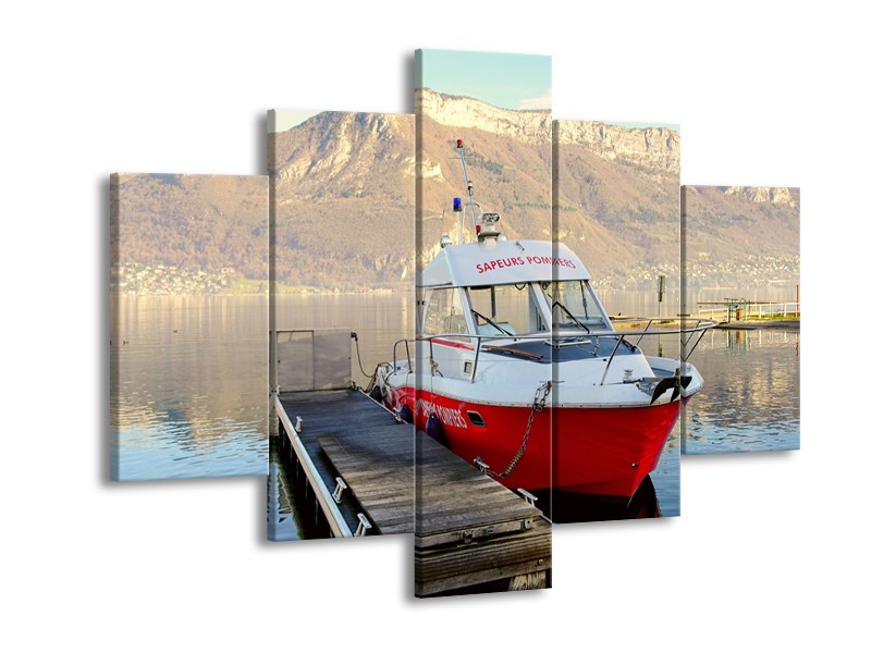 Glasschilderij Boot, Bergen | Rood, Grijs, Wit | 150x105cm 5Luik