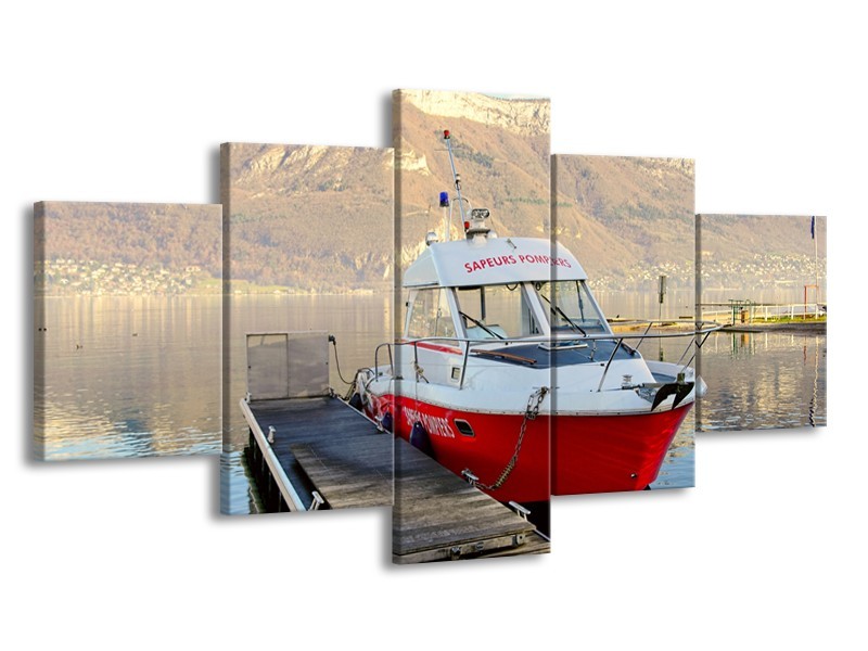 Glasschilderij Boot, Bergen | Rood, Grijs, Wit | 150x80cm 5Luik