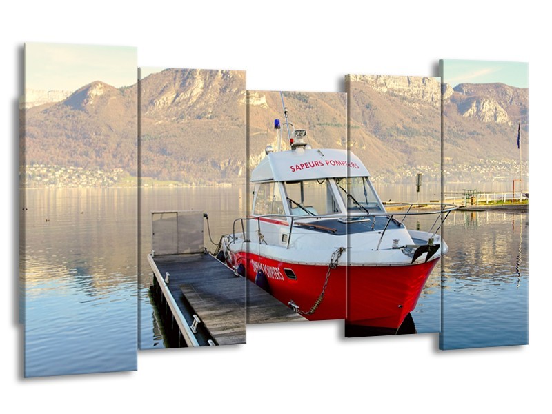 Glasschilderij Boot, Bergen | Rood, Grijs, Wit | 150x80cm 5Luik