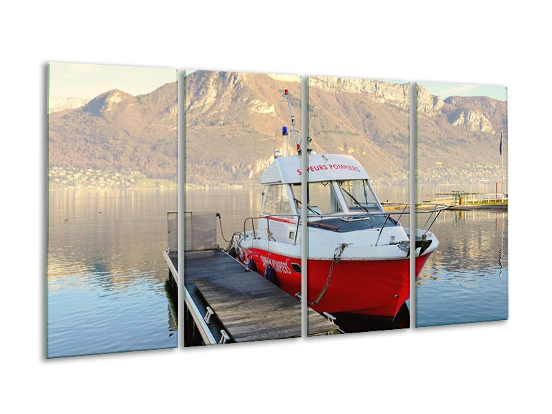 Glasschilderij Boot, Bergen | Rood, Grijs, Wit | 160x80cm 4Luik