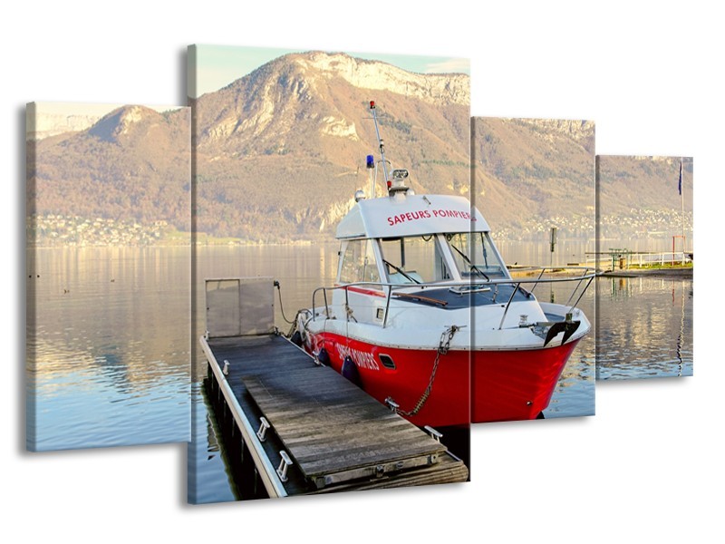 Canvas Schilderij Boot, Bergen | Rood, Grijs, Wit | 160x90cm 4Luik