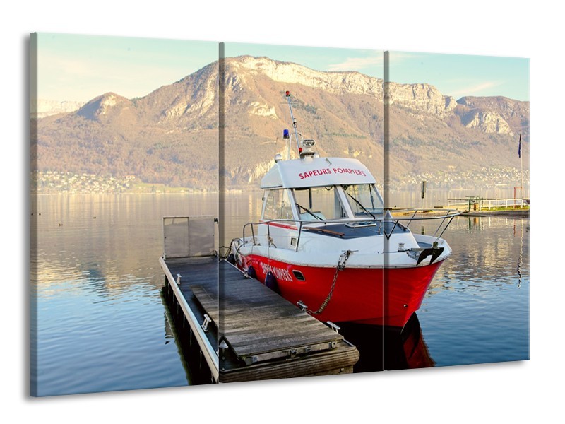 Glasschilderij Boot, Bergen | Rood, Grijs, Wit | 165x100cm 3Luik