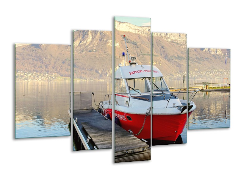 Canvas Schilderij Boot, Bergen | Rood, Grijs, Wit | 170x100cm 5Luik