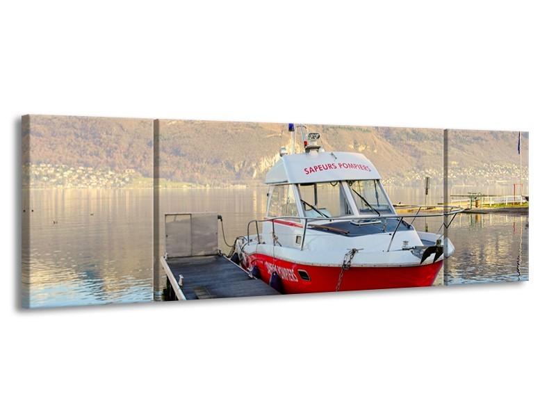 Canvas Schilderij Boot, Bergen | Rood, Grijs, Wit | 170x50cm 3Luik