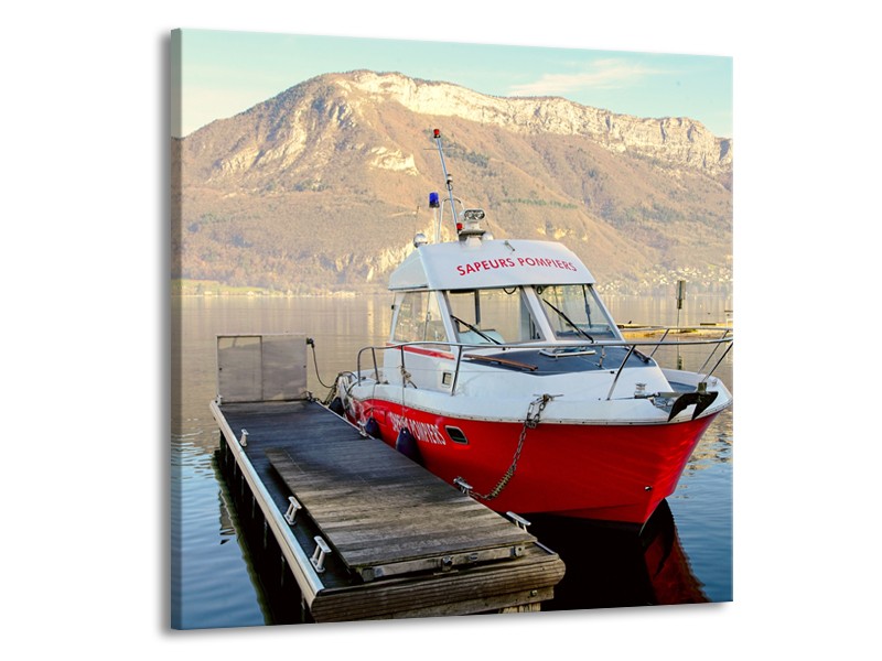 Glasschilderij Boot, Bergen | Rood, Grijs, Wit | 50x50cm 1Luik