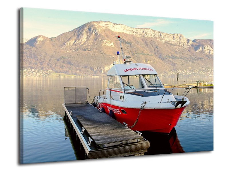 Glasschilderij Boot, Bergen | Rood, Grijs, Wit | 70x50cm 1Luik