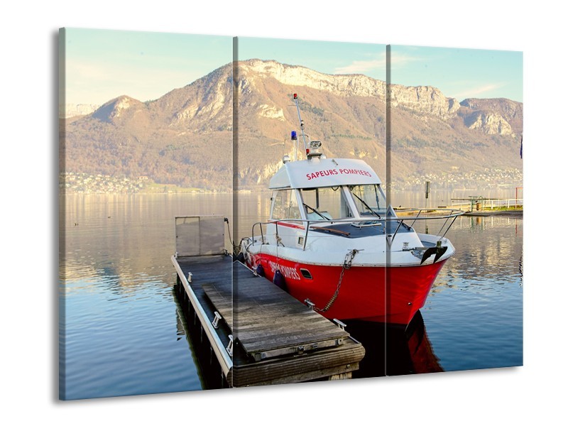 Canvas Schilderij Boot, Bergen | Rood, Grijs, Wit | 60x90cm 3Luik